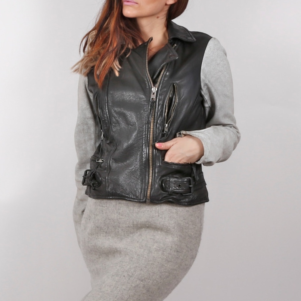 ALL SAINTS Black Leather Suede Gray Biker Jacket